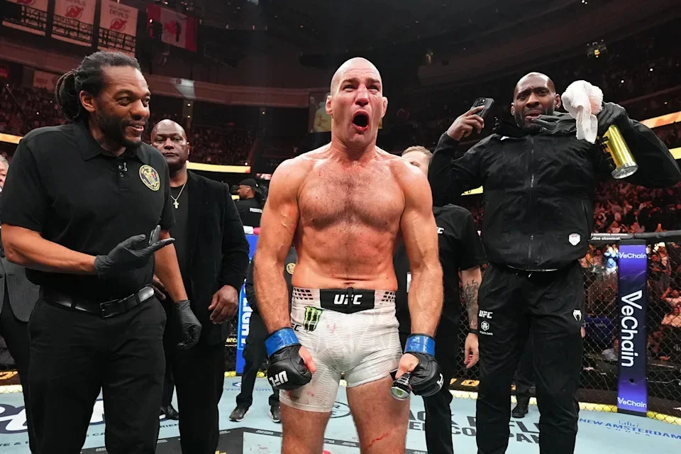 NEWARK, NEW JERSEY - MAY 09: Sean Strickland reacts after a split-decision victory against Khamzat Chimaev of Russia in the UFC middleweight championship fight during the UFC 328 event at Prudential Center on May 09, 2026 in Newark, New Jersey. (Photo by Chris Unger/Zuffa LLC)